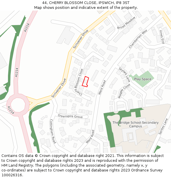 44, CHERRY BLOSSOM CLOSE, IPSWICH, IP8 3ST: Location map and indicative extent of plot