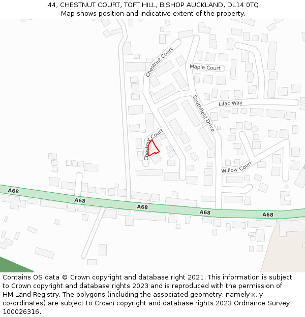 44, CHESTNUT COURT, TOFT HILL, BISHOP AUCKLAND, DL14 0TQ: Location map and indicative extent of plot