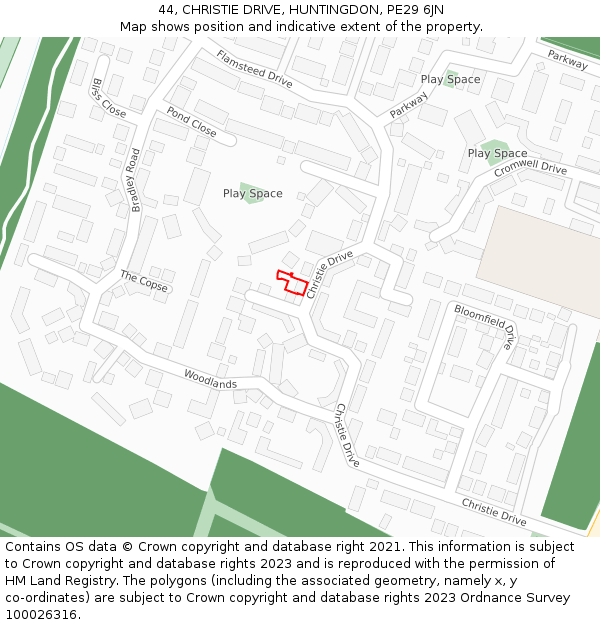 44, CHRISTIE DRIVE, HUNTINGDON, PE29 6JN: Location map and indicative extent of plot