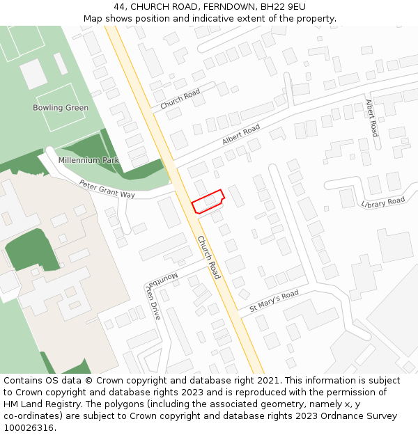 44, CHURCH ROAD, FERNDOWN, BH22 9EU: Location map and indicative extent of plot