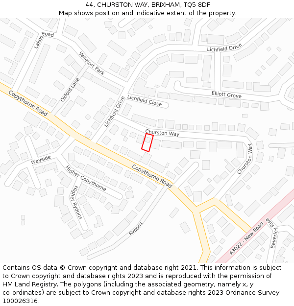 44, CHURSTON WAY, BRIXHAM, TQ5 8DF: Location map and indicative extent of plot