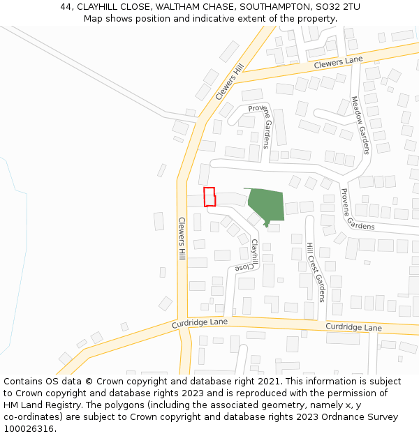 44, CLAYHILL CLOSE, WALTHAM CHASE, SOUTHAMPTON, SO32 2TU: Location map and indicative extent of plot