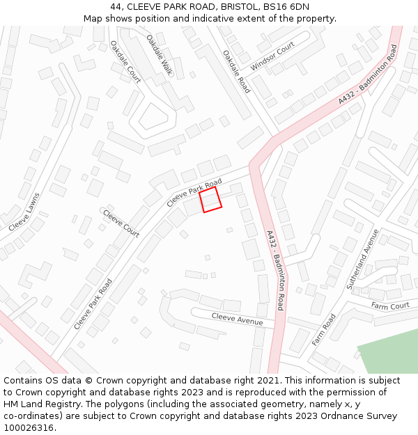 44, CLEEVE PARK ROAD, BRISTOL, BS16 6DN: Location map and indicative extent of plot