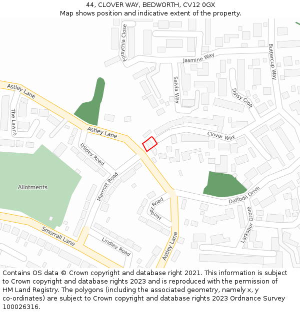 44, CLOVER WAY, BEDWORTH, CV12 0GX: Location map and indicative extent of plot