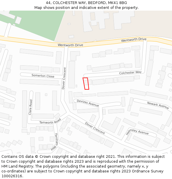 44, COLCHESTER WAY, BEDFORD, MK41 8BG: Location map and indicative extent of plot