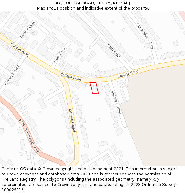 44, COLLEGE ROAD, EPSOM, KT17 4HJ: Location map and indicative extent of plot