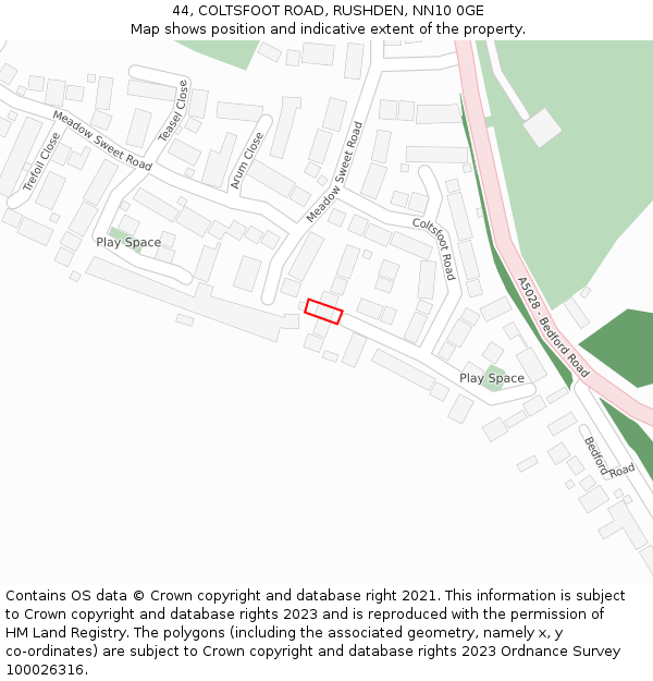 44, COLTSFOOT ROAD, RUSHDEN, NN10 0GE: Location map and indicative extent of plot