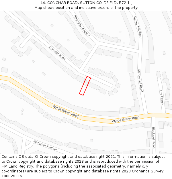 44, CONCHAR ROAD, SUTTON COLDFIELD, B72 1LJ: Location map and indicative extent of plot