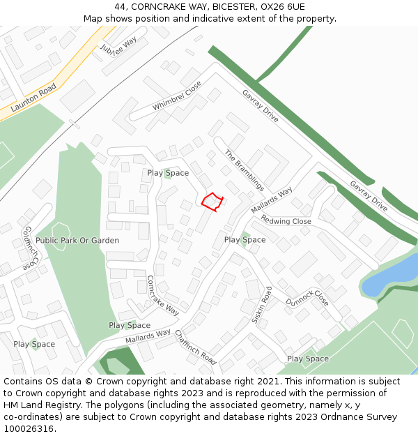 44, CORNCRAKE WAY, BICESTER, OX26 6UE: Location map and indicative extent of plot