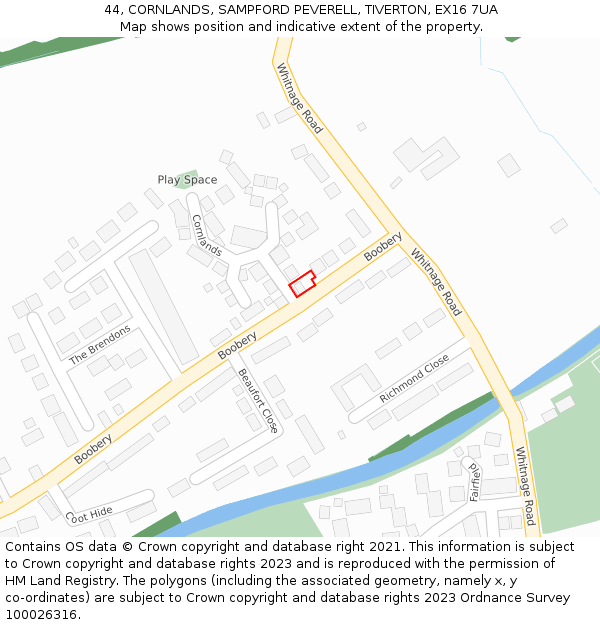 44, CORNLANDS, SAMPFORD PEVERELL, TIVERTON, EX16 7UA: Location map and indicative extent of plot