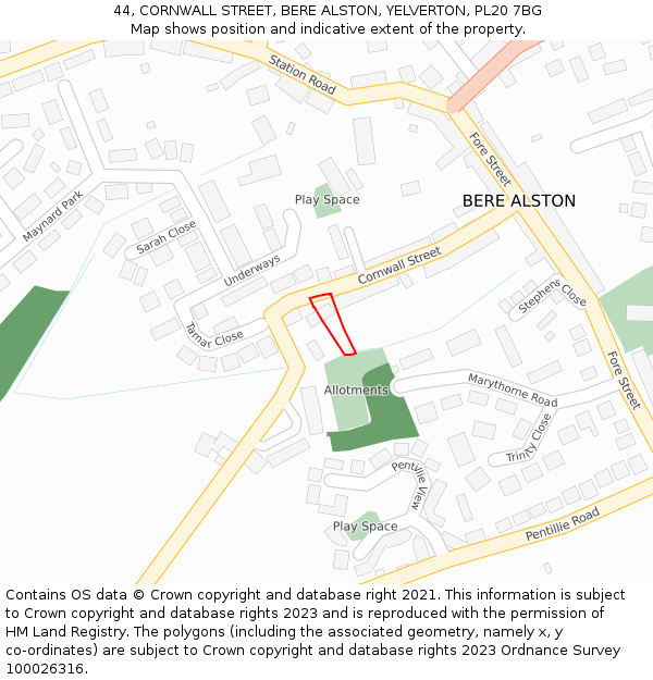 44, CORNWALL STREET, BERE ALSTON, YELVERTON, PL20 7BG: Location map and indicative extent of plot