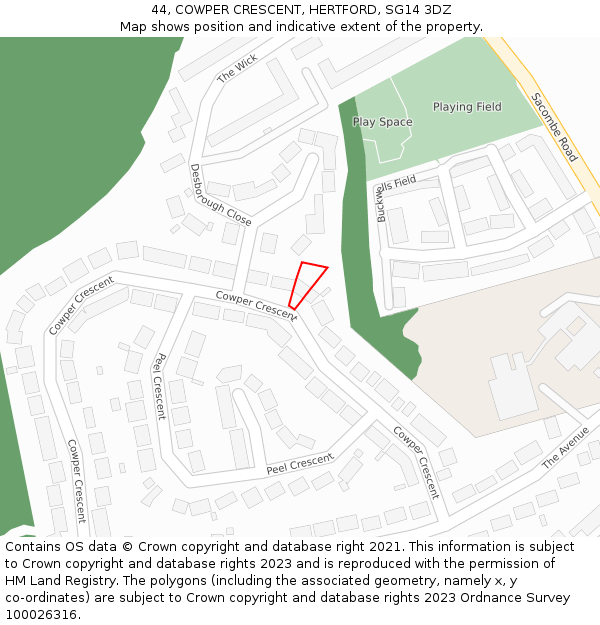 44, COWPER CRESCENT, HERTFORD, SG14 3DZ: Location map and indicative extent of plot