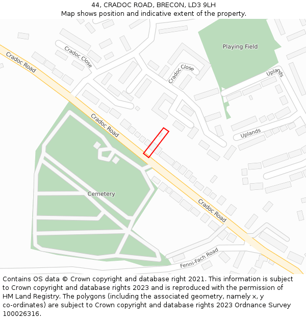 44, CRADOC ROAD, BRECON, LD3 9LH: Location map and indicative extent of plot