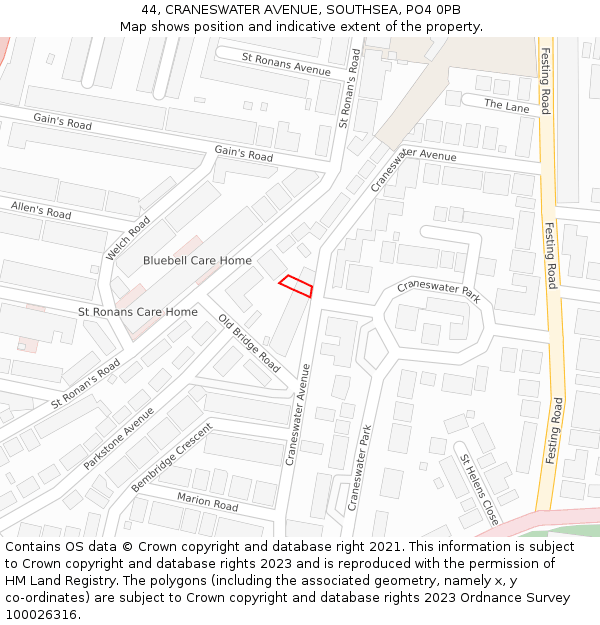 44, CRANESWATER AVENUE, SOUTHSEA, PO4 0PB: Location map and indicative extent of plot