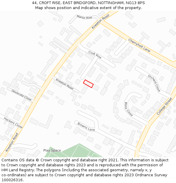 44, CROFT RISE, EAST BRIDGFORD, NOTTINGHAM, NG13 8PS: Location map and indicative extent of plot