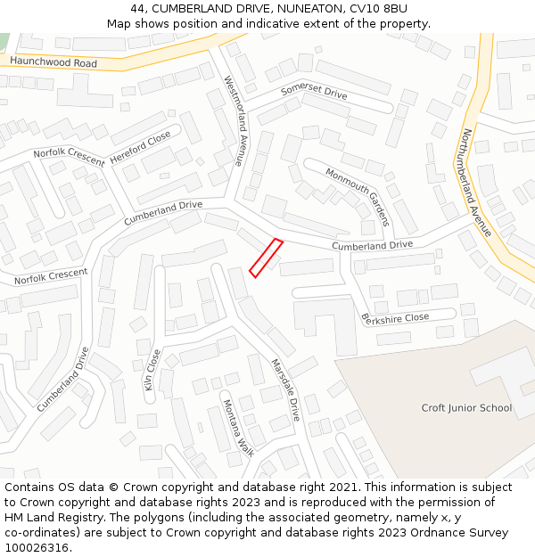 44, CUMBERLAND DRIVE, NUNEATON, CV10 8BU: Location map and indicative extent of plot