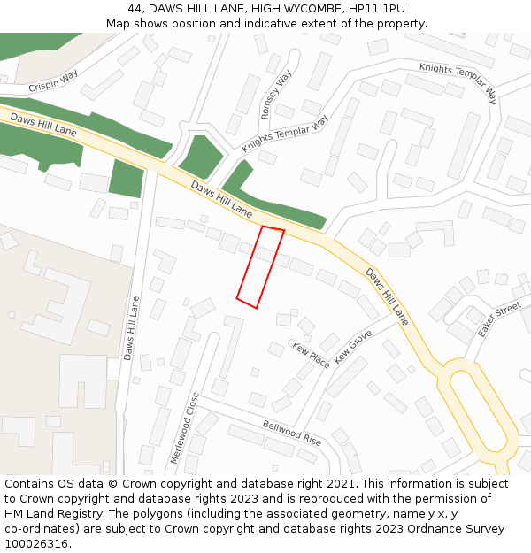 44, DAWS HILL LANE, HIGH WYCOMBE, HP11 1PU: Location map and indicative extent of plot