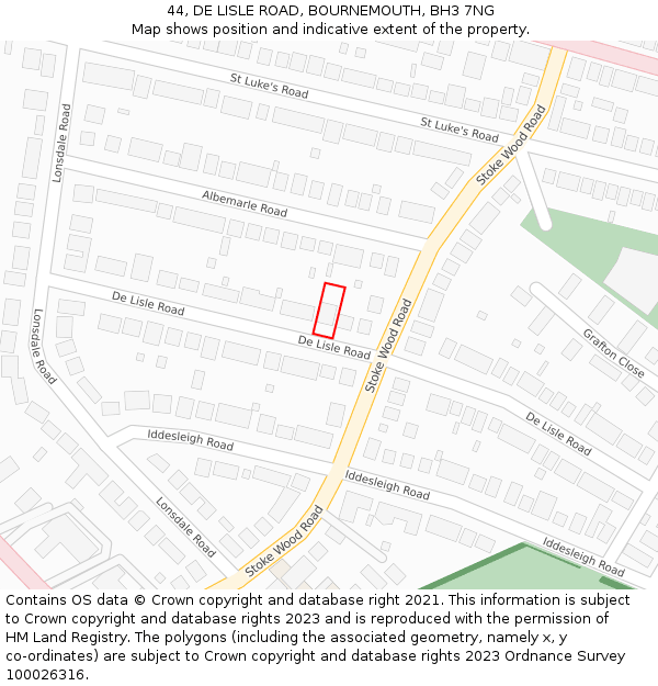 44, DE LISLE ROAD, BOURNEMOUTH, BH3 7NG: Location map and indicative extent of plot