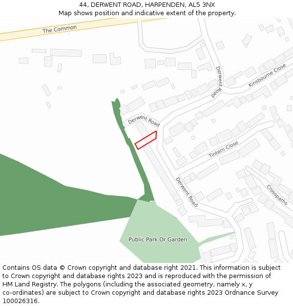 44, DERWENT ROAD, HARPENDEN, AL5 3NX: Location map and indicative extent of plot