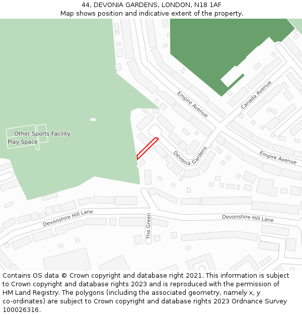 44, DEVONIA GARDENS, LONDON, N18 1AF: Location map and indicative extent of plot
