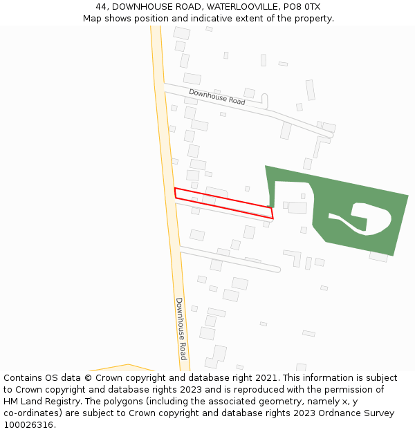 44, DOWNHOUSE ROAD, WATERLOOVILLE, PO8 0TX: Location map and indicative extent of plot