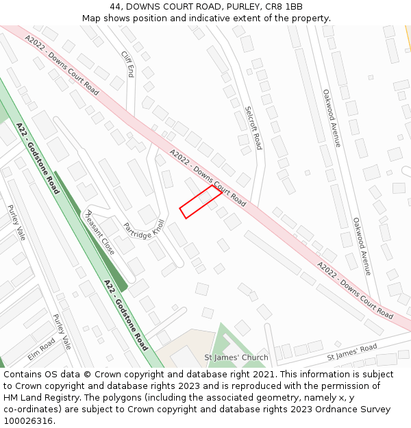 44, DOWNS COURT ROAD, PURLEY, CR8 1BB: Location map and indicative extent of plot