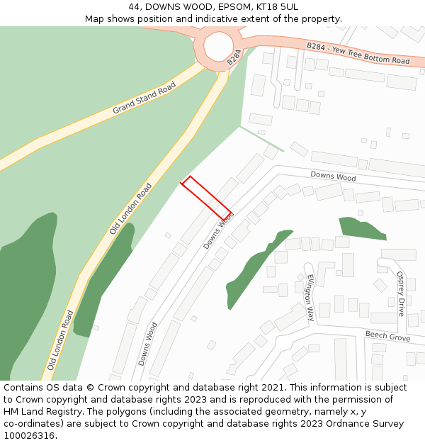 44, DOWNS WOOD, EPSOM, KT18 5UL: Location map and indicative extent of plot