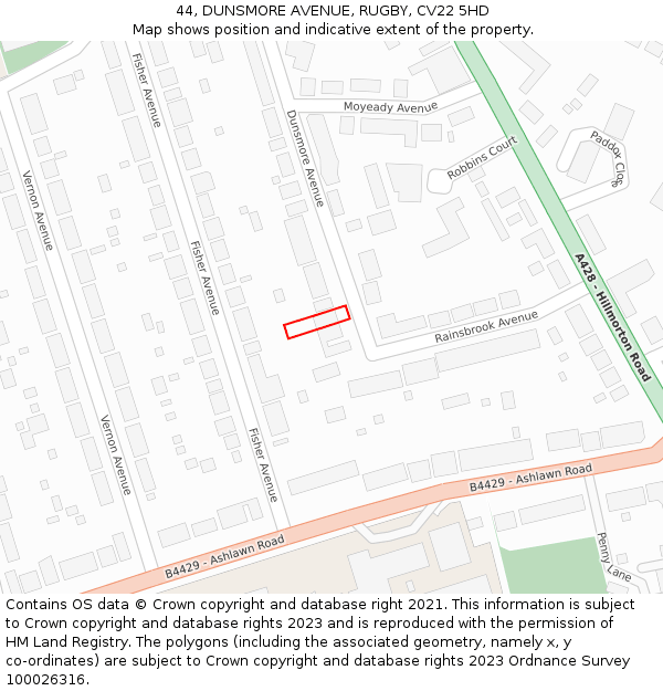 44, DUNSMORE AVENUE, RUGBY, CV22 5HD: Location map and indicative extent of plot