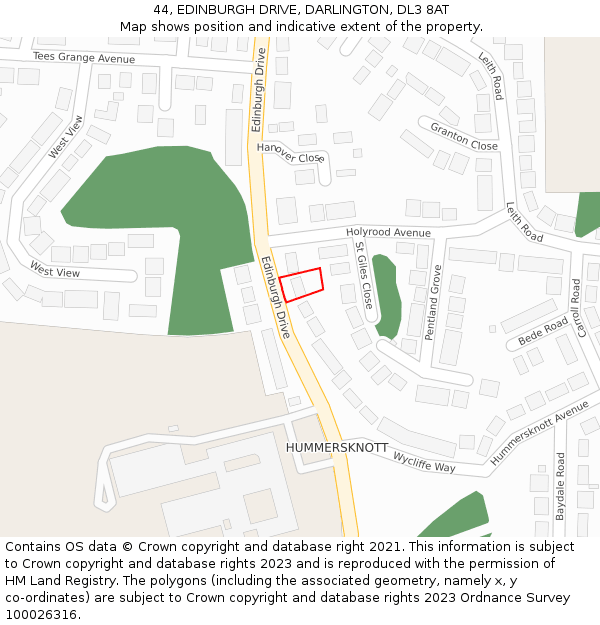 44, EDINBURGH DRIVE, DARLINGTON, DL3 8AT: Location map and indicative extent of plot