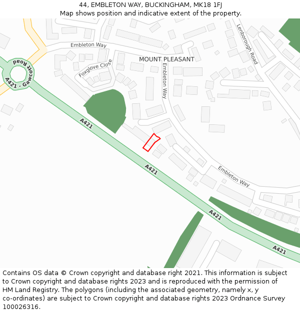 44, EMBLETON WAY, BUCKINGHAM, MK18 1FJ: Location map and indicative extent of plot