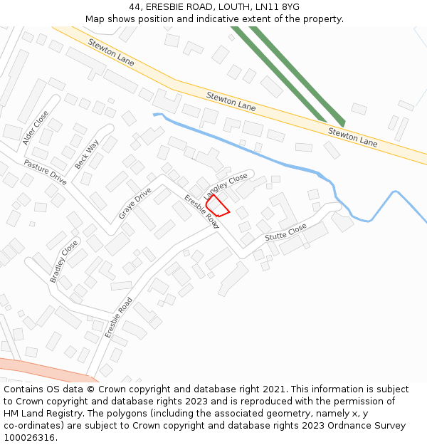 44, ERESBIE ROAD, LOUTH, LN11 8YG: Location map and indicative extent of plot