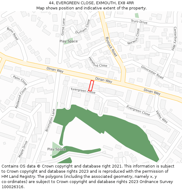 44, EVERGREEN CLOSE, EXMOUTH, EX8 4RR: Location map and indicative extent of plot