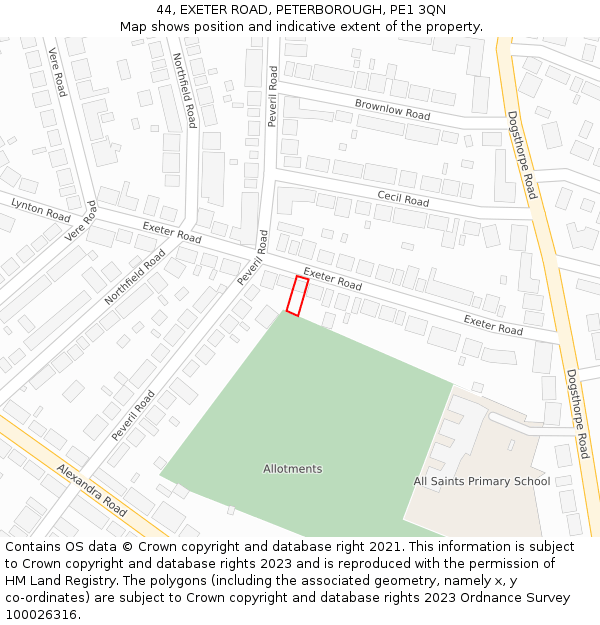 44, EXETER ROAD, PETERBOROUGH, PE1 3QN: Location map and indicative extent of plot