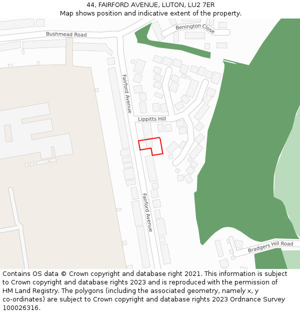 44, FAIRFORD AVENUE, LUTON, LU2 7ER: Location map and indicative extent of plot