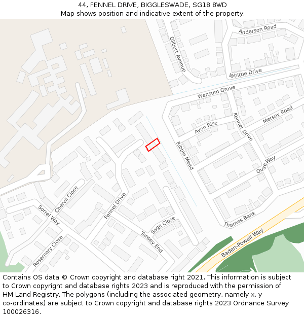 44, FENNEL DRIVE, BIGGLESWADE, SG18 8WD: Location map and indicative extent of plot