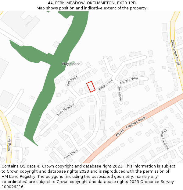 44, FERN MEADOW, OKEHAMPTON, EX20 1PB: Location map and indicative extent of plot