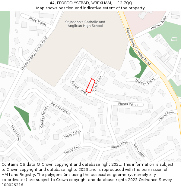 44, FFORDD YSTRAD, WREXHAM, LL13 7QQ: Location map and indicative extent of plot