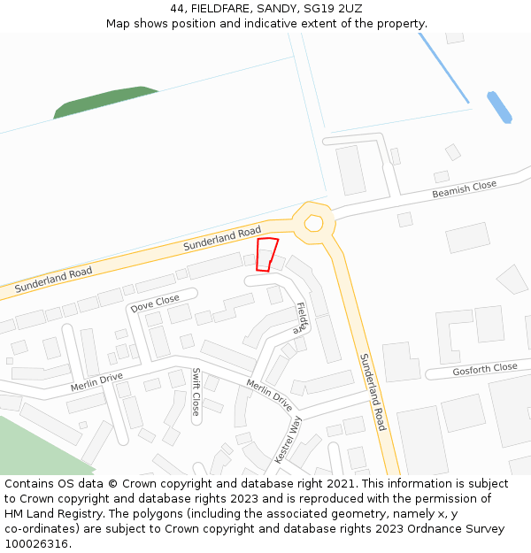 44, FIELDFARE, SANDY, SG19 2UZ: Location map and indicative extent of plot