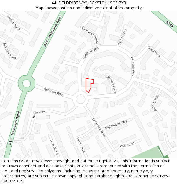 44, FIELDFARE WAY, ROYSTON, SG8 7XR: Location map and indicative extent of plot