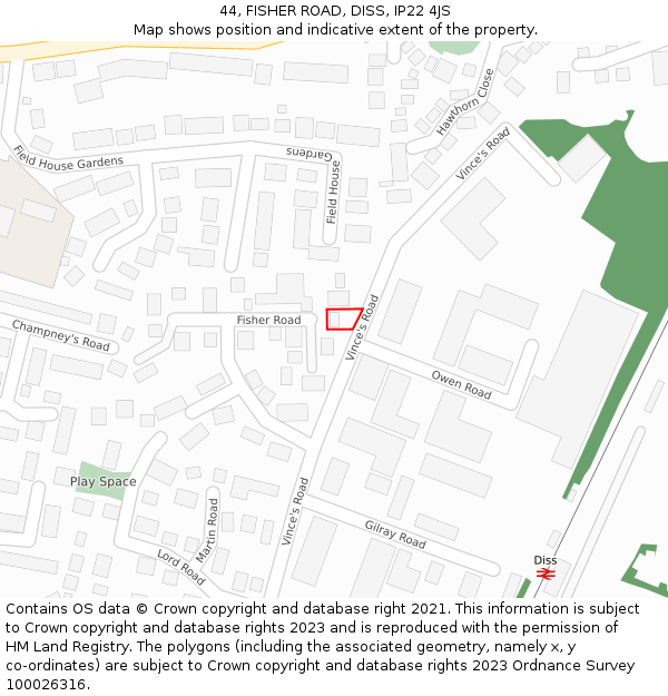 44, FISHER ROAD, DISS, IP22 4JS: Location map and indicative extent of plot