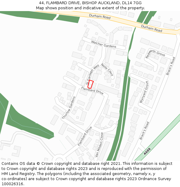 44, FLAMBARD DRIVE, BISHOP AUCKLAND, DL14 7GG: Location map and indicative extent of plot