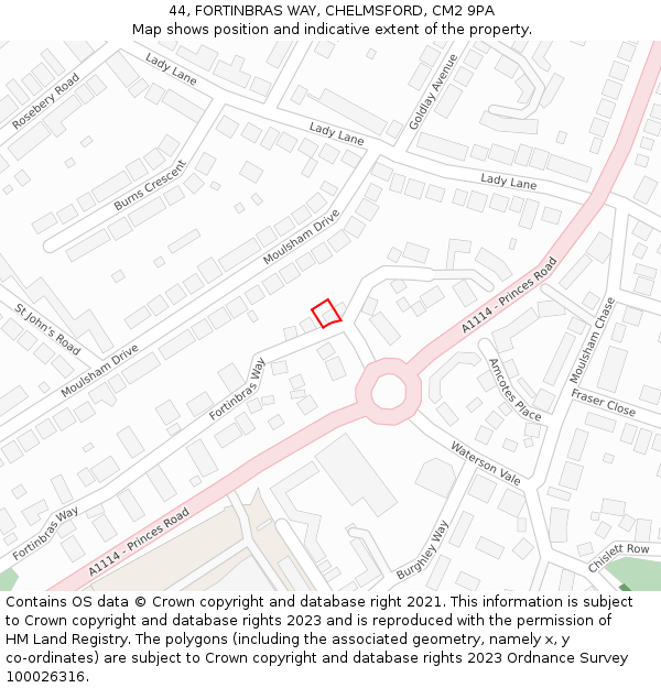 44, FORTINBRAS WAY, CHELMSFORD, CM2 9PA: Location map and indicative extent of plot