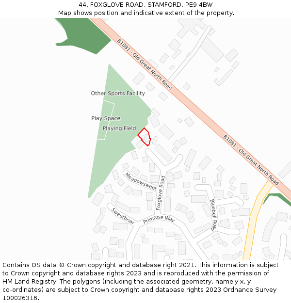 44, FOXGLOVE ROAD, STAMFORD, PE9 4BW: Location map and indicative extent of plot