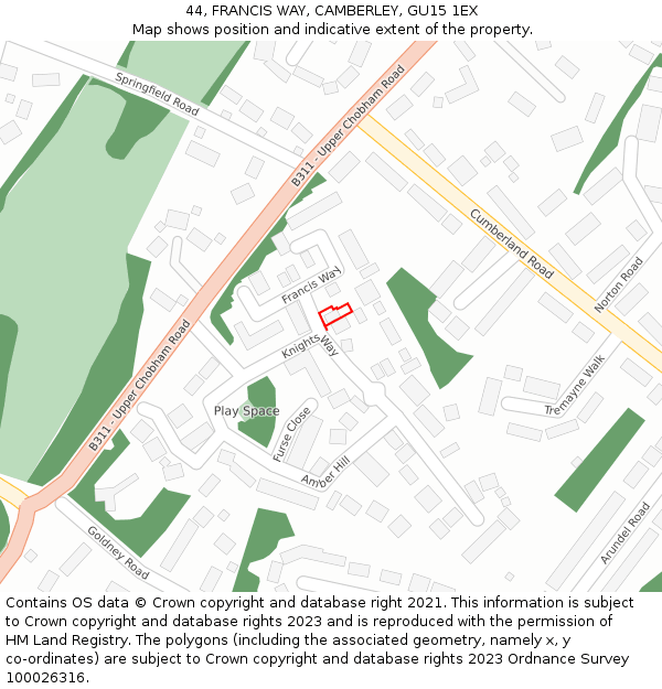 44, FRANCIS WAY, CAMBERLEY, GU15 1EX: Location map and indicative extent of plot