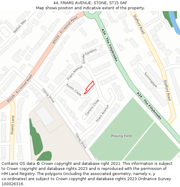 44, FRIARS AVENUE, STONE, ST15 0AF: Location map and indicative extent of plot