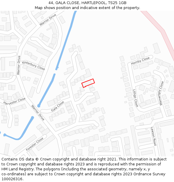 44, GALA CLOSE, HARTLEPOOL, TS25 1GB: Location map and indicative extent of plot