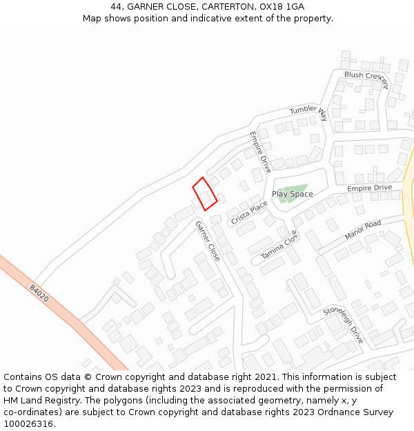 44, GARNER CLOSE, CARTERTON, OX18 1GA: Location map and indicative extent of plot