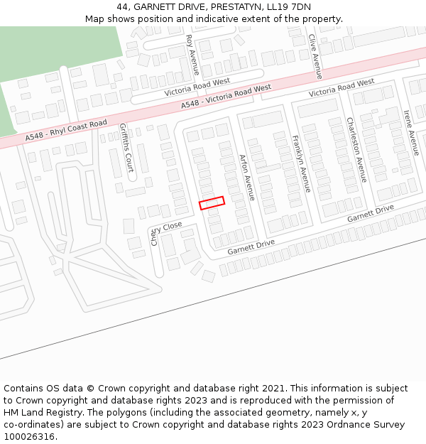 44, GARNETT DRIVE, PRESTATYN, LL19 7DN: Location map and indicative extent of plot