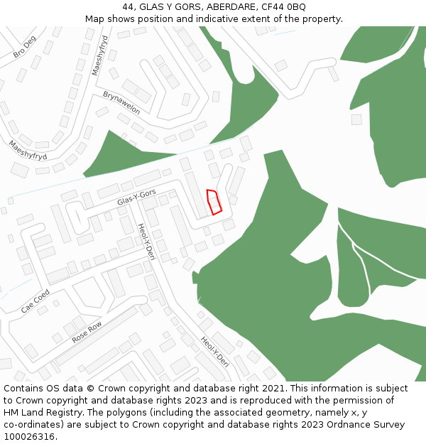 44, GLAS Y GORS, ABERDARE, CF44 0BQ: Location map and indicative extent of plot