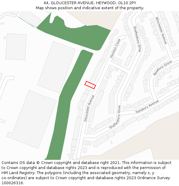 44, GLOUCESTER AVENUE, HEYWOOD, OL10 2PY: Location map and indicative extent of plot